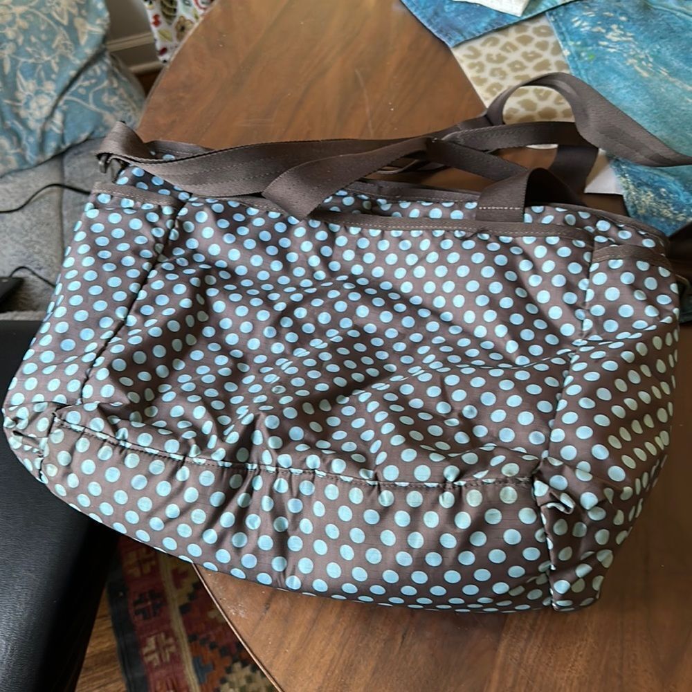 LeSportSac diaper bag with changing pad. Blue and brown polka dots.